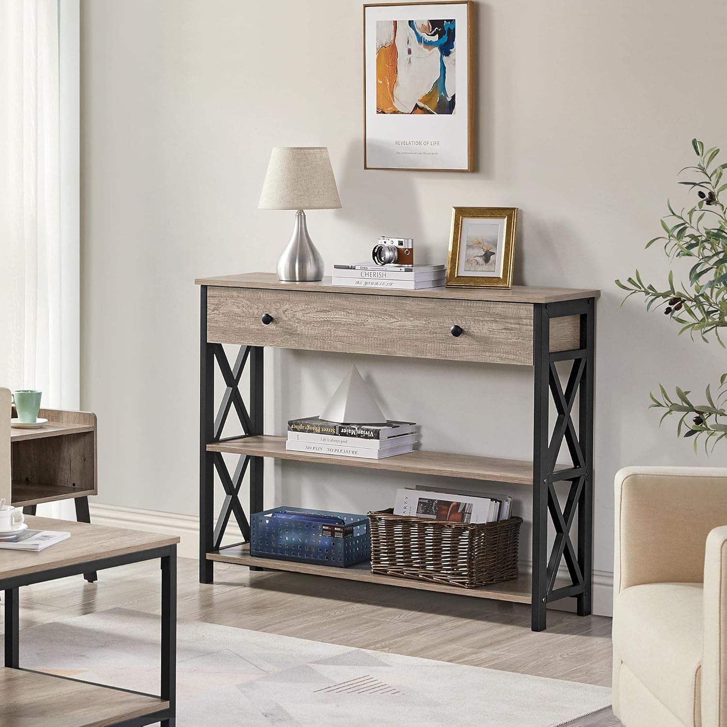 Console Table with Drawer, Entryway Table with 3 Tier Storage Shelves, Narrow Long Sofa Table for Entryway, Living Room, Hallway, Couch, Kitchen, Metal Frame, Gray